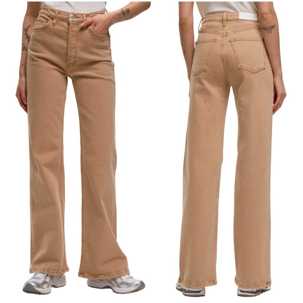 Re/Done Wide Leg Flare Jeans in Tan